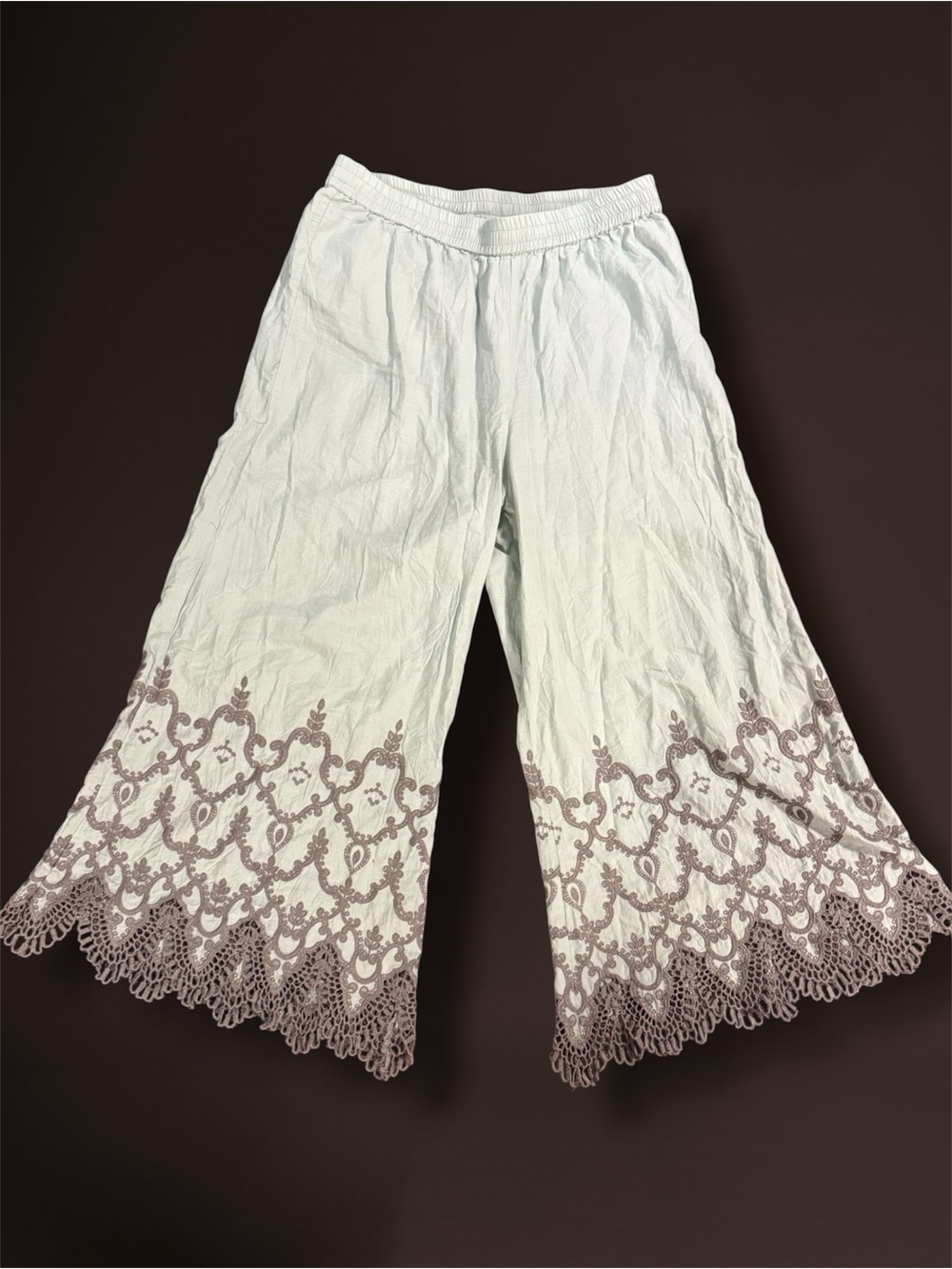 Light Mint Wide-Leg Lace Trim Palazzo Pants 100% Cotton